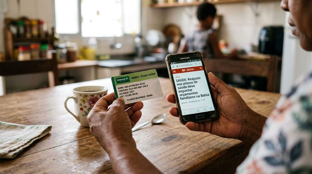 Pessoa segurando documento de plano de saúde e celular com notícia sobre multas da Hapvida, ilustrando como clientes podem usar dados da ANS a seu favor.