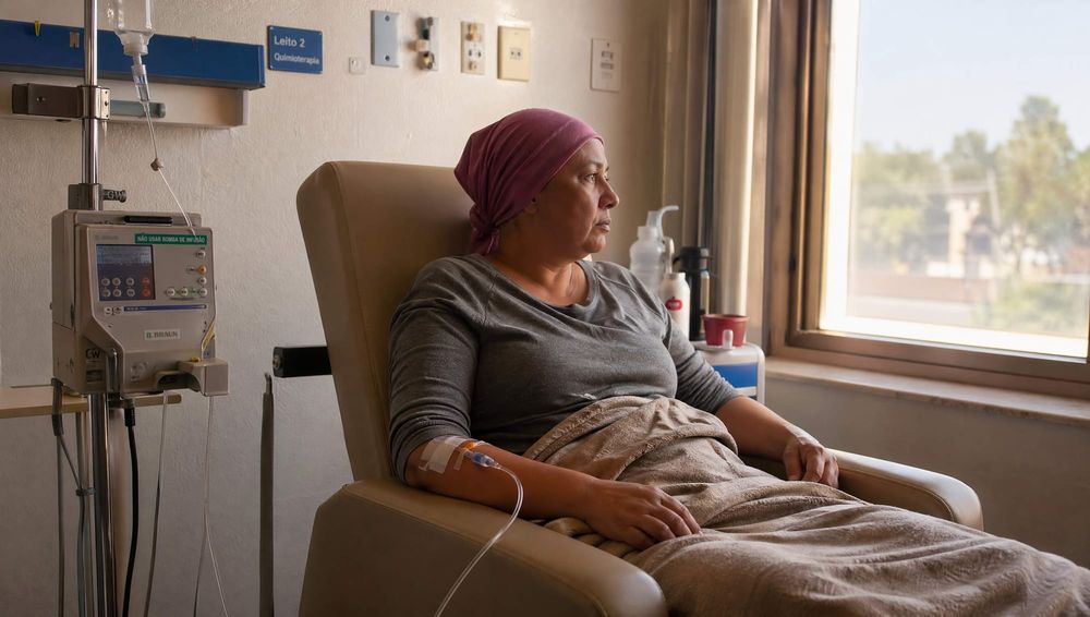 Paciente oncológico em sessão de quimioterapia, representando o impacto prático da Lei 15.385 sobre o acesso a medicamentos e vacinas contra o câncer no SUS.