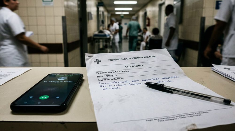 Mesa com laudo médico impresso, celular aberto em chamada e caneta ao lado, luz dura de corredor hospitalar