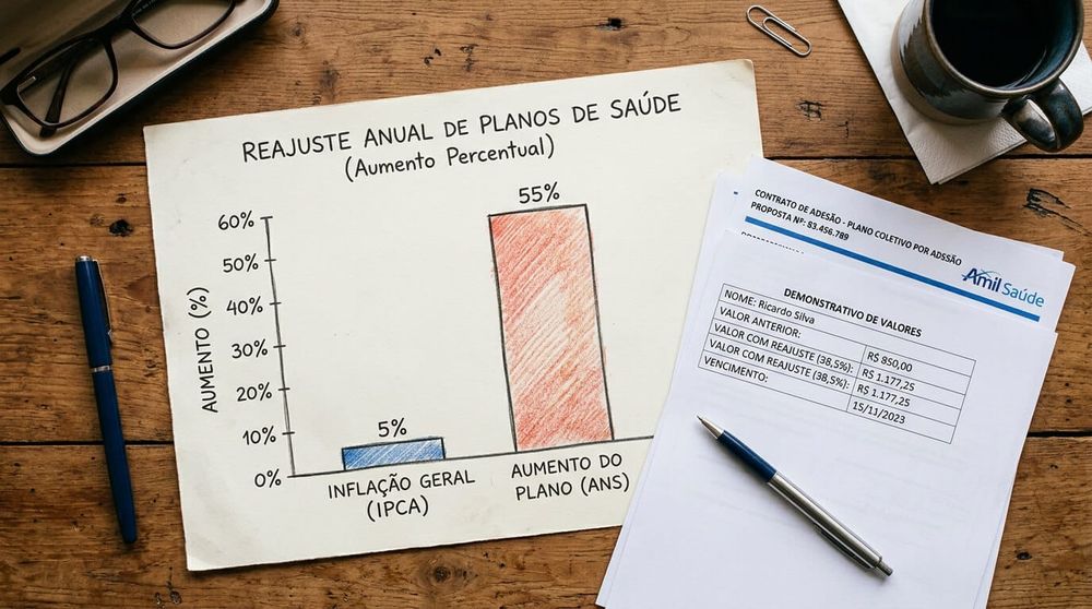 Empreendedor preocupado analisando boleto de plano de saúde empresarial, representando o impacto do reajuste abusivo em PMEs no ciclo 2025 a 2026.