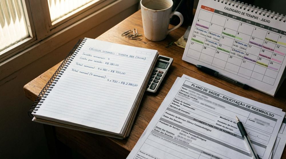 Boleto de plano de saúde, agenda de terapias e calculadora sobre mesa.