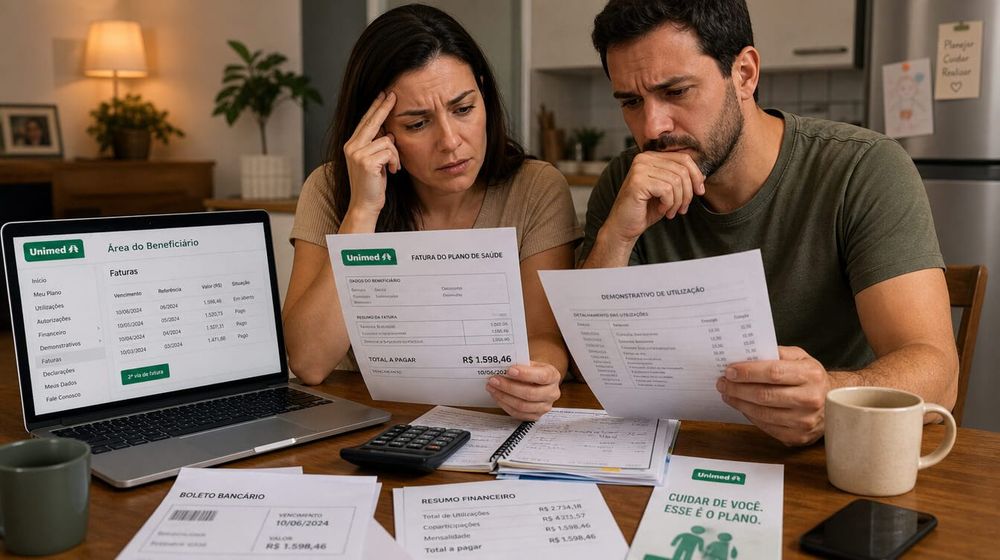 Boletos e contrato de plano PME sobre mesa, representando análise de falso coletivo e reajuste abusivo.