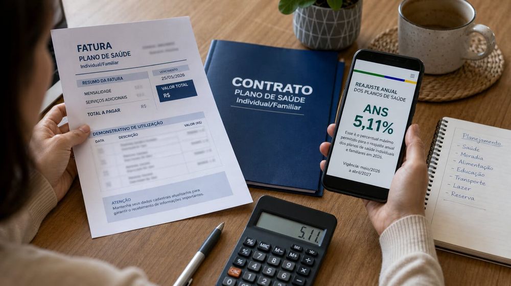 Boleto e contrato de plano de saúde sobre uma mesa, com destaque para conferência do reajuste de 5,11% da ANS.