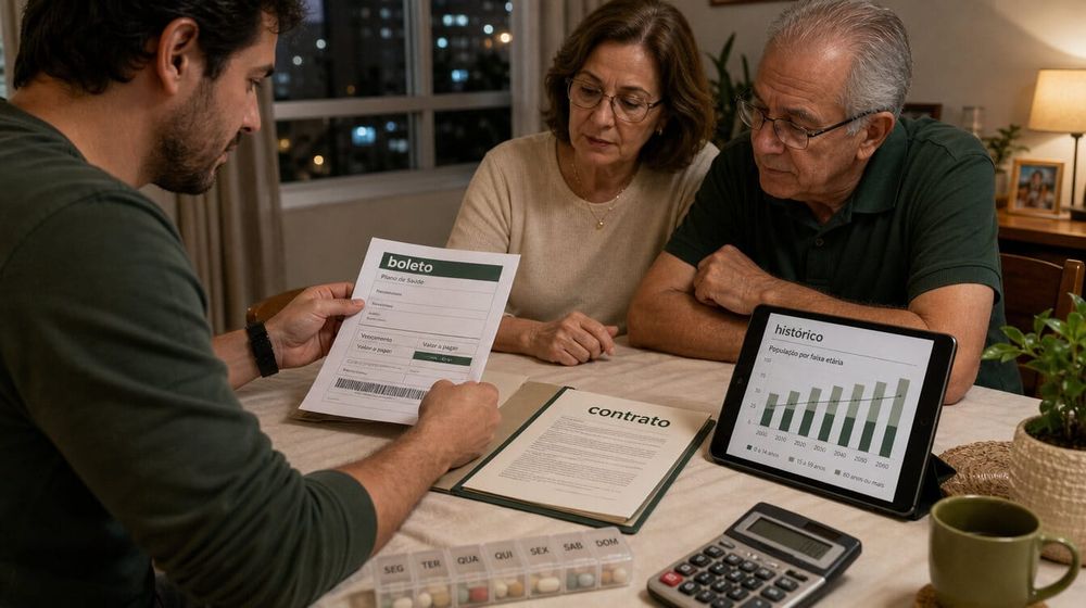 Família organiza boleto, contrato e histórico de reajustes de plano de saúde em mesa de casa.