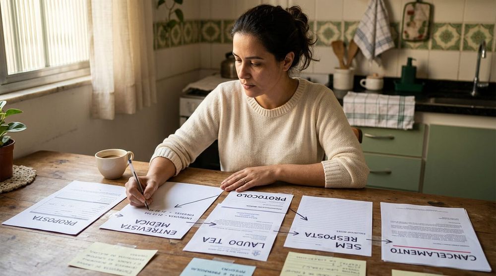 Pai ou mãe organiza documentos, protocolos e linha do tempo de proposta de plano de saúde envolvendo TEA.