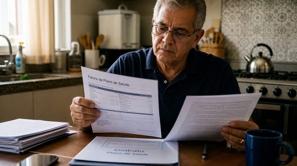 Pessoa perto dos 59 anos conferindo boleto e contrato de plano de saúde em uma mesa.