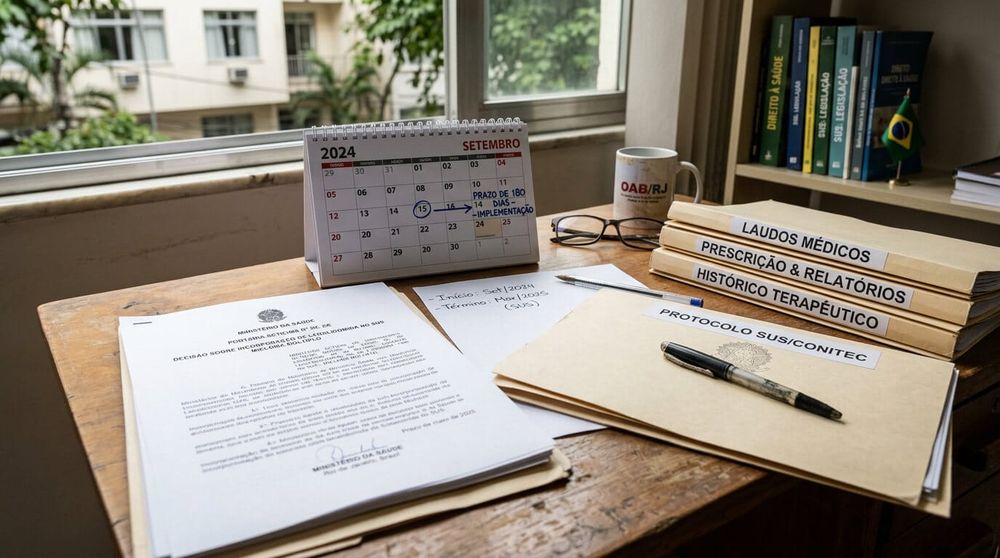 Documentos sobre lenalidomida no SUS, laudos e calendário de 180 dias organizados em uma mesa.
