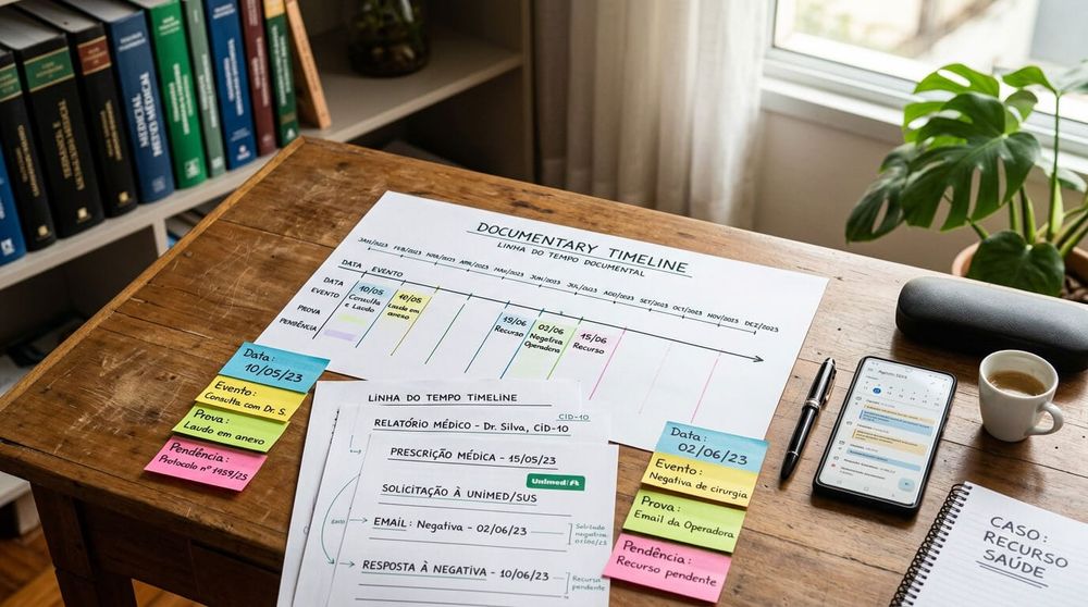 Documentos médicos, protocolos e uma linha do tempo organizada sobre uma mesa.