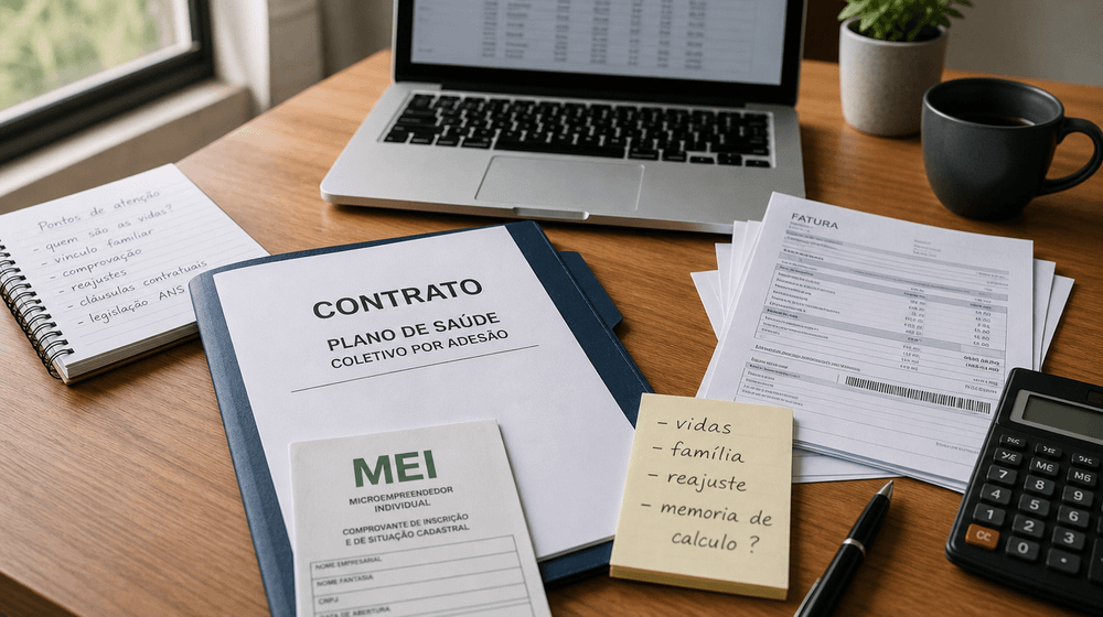 Contrato de plano de saúde MEI, boletos e anotações sobre reajuste e número de vidas em uma mesa.