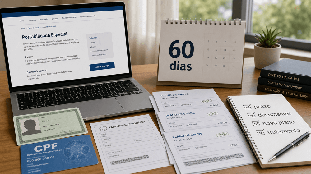 Documentos de portabilidade especial, boletos pagos e calendário de 60 dias sobre uma mesa.