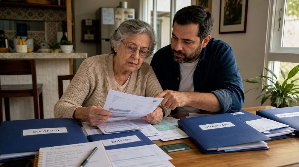 Filho adulto e mãe idosa organizando documentos de plano de saúde em uma pasta dentro de casa.