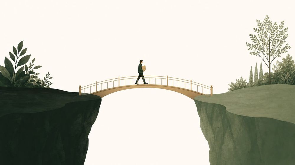 Ilustração de uma ponte em tons de verde e bronze ligando duas margens sobre fundo creme, com uma pequena figura atravessando e carregando uma pasta de documentos.