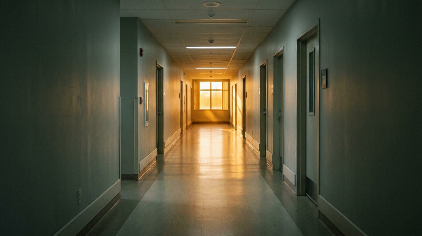 Corredor hospitalar vazio com luz natural dourada e quente ao fundo, contraste com sombra fria no primeiro plano.