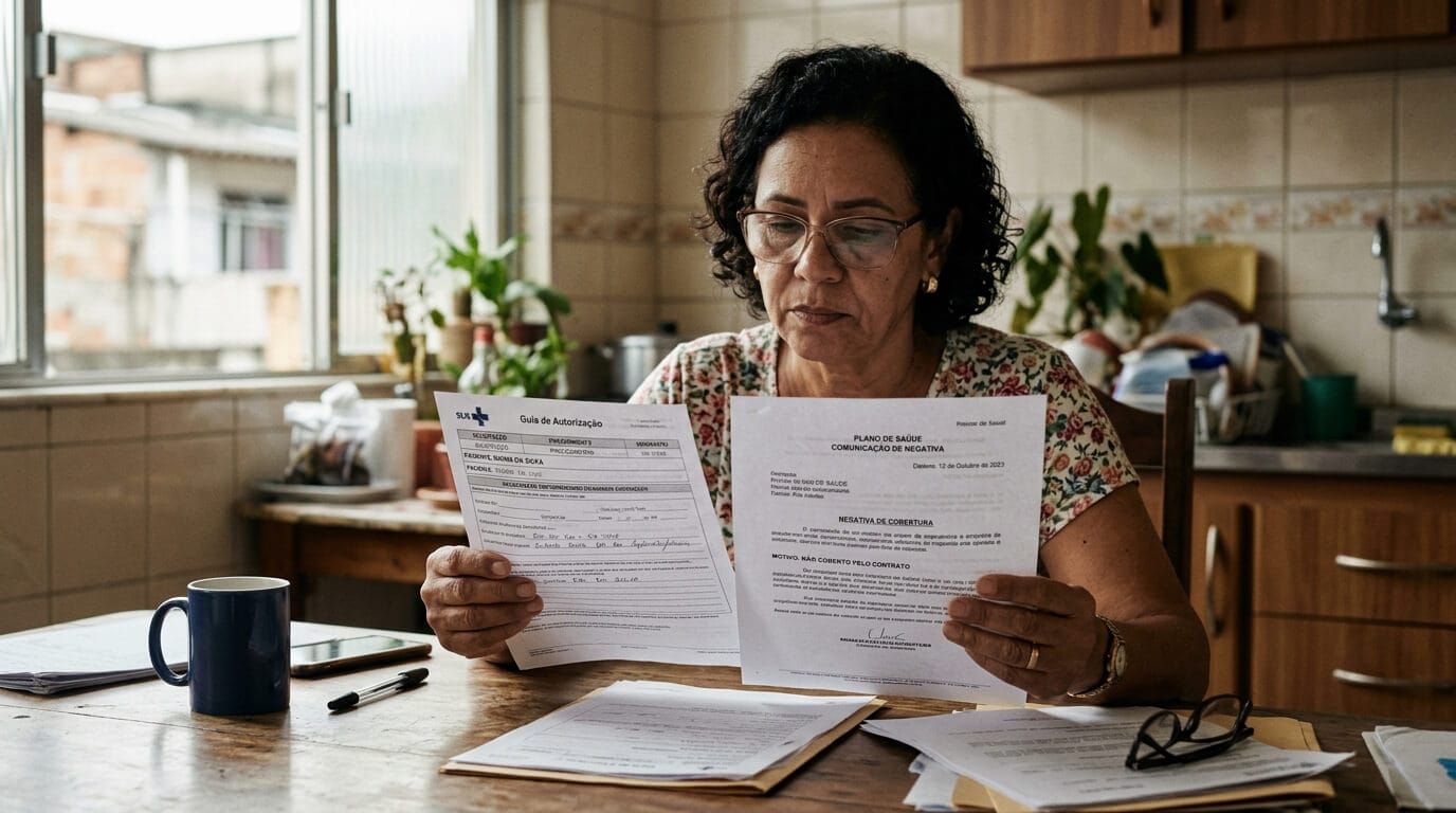 Mulher segurando carta de negativa do plano de saúde e laudo médico sobre mesa de cozinha, representando paciente oncológico com cobertura negada.