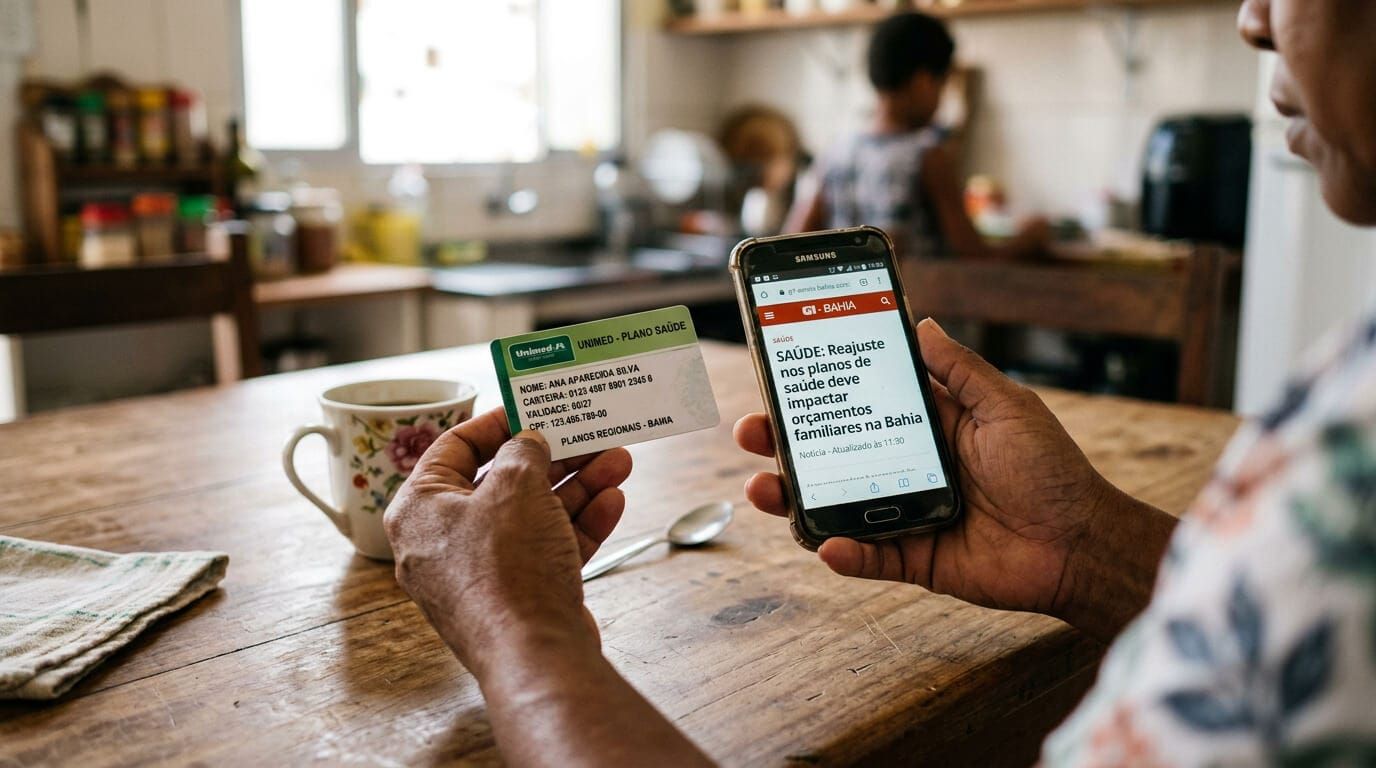 Pessoa segurando documento de plano de saúde e celular com notícia sobre multas da Hapvida, ilustrando como clientes podem usar dados da ANS a seu favor.