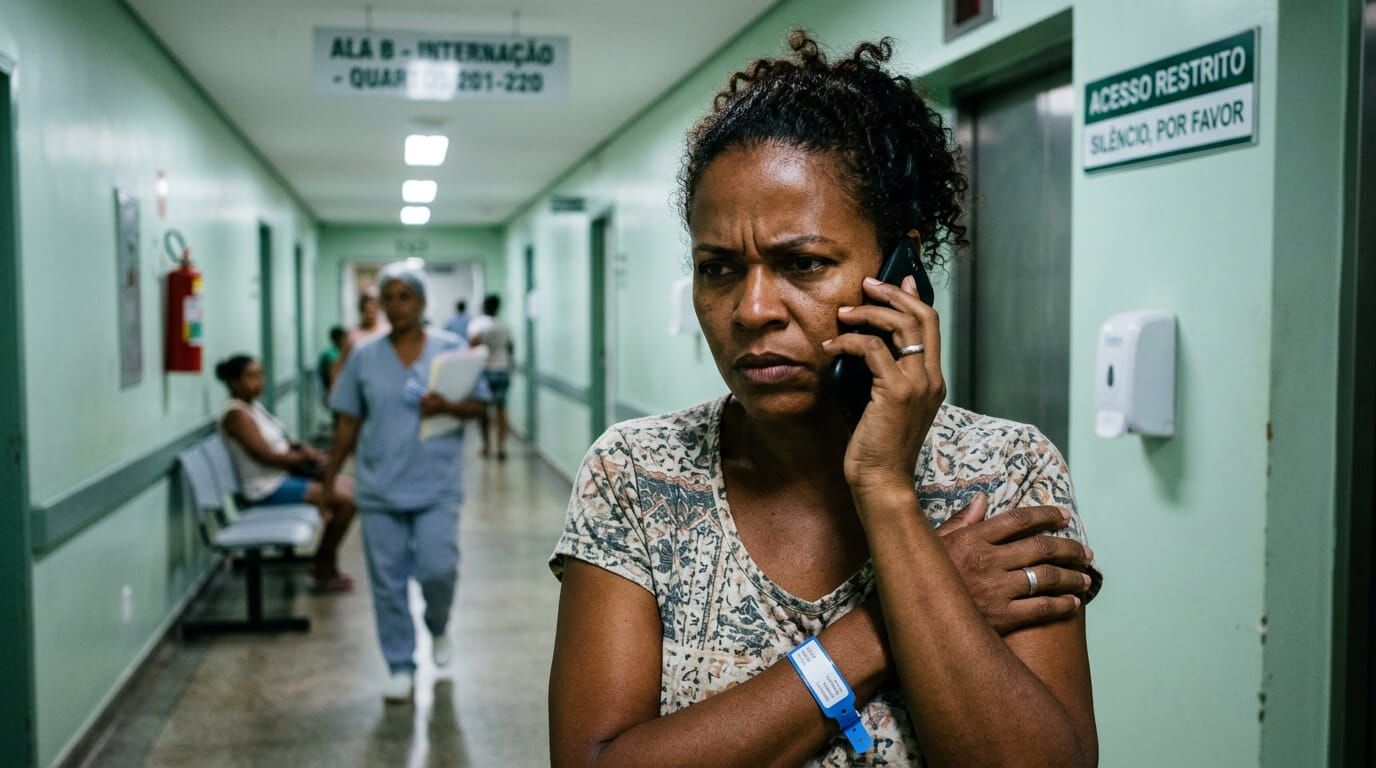 Mulher segurando papel de negativa de cirurgia em corredor de hospital, ao telefone