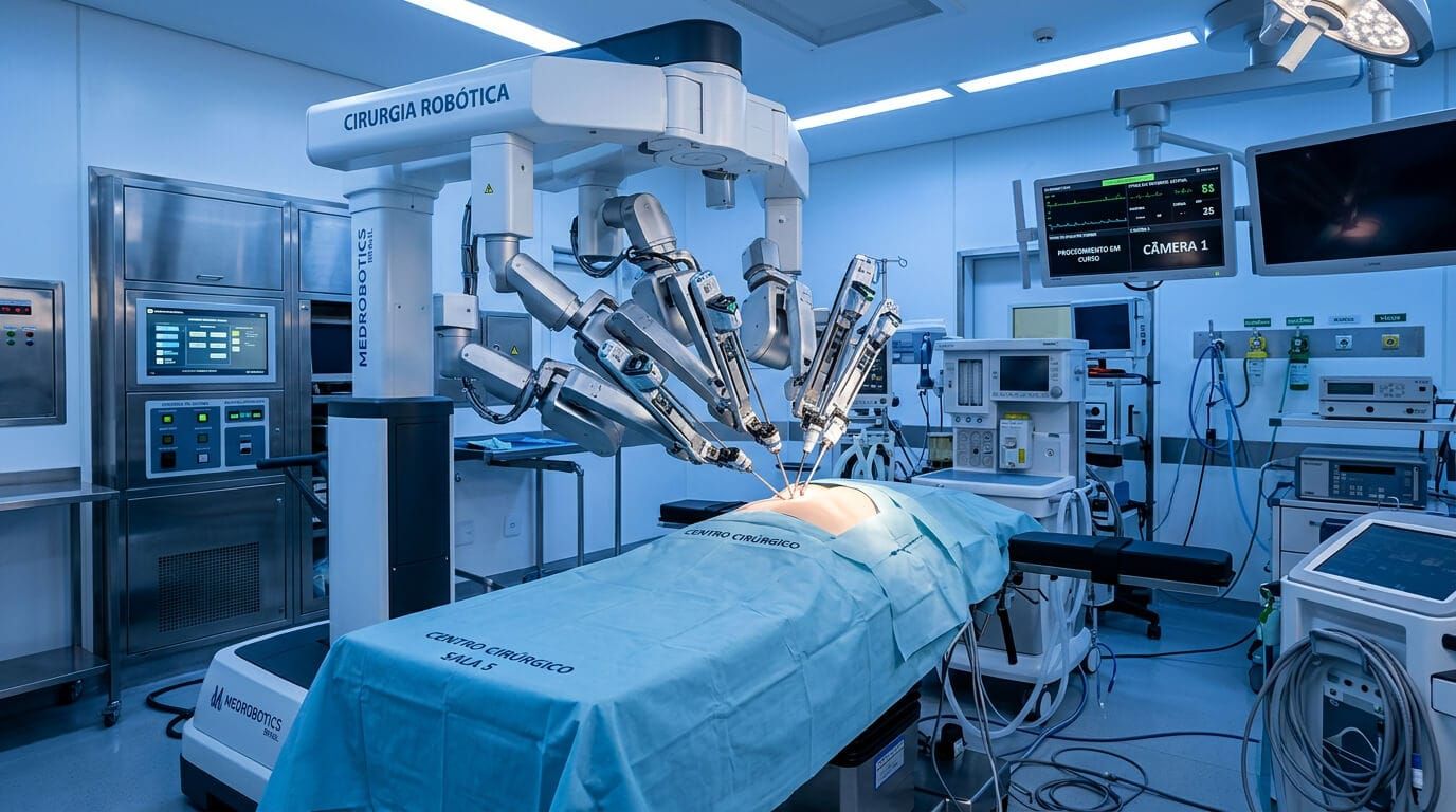 Sala de cirurgia com sistema robótico cirúrgico, representando a tecnologia que o STJ reconheceu como coberta pelos planos de saúde em casos oncológicos.