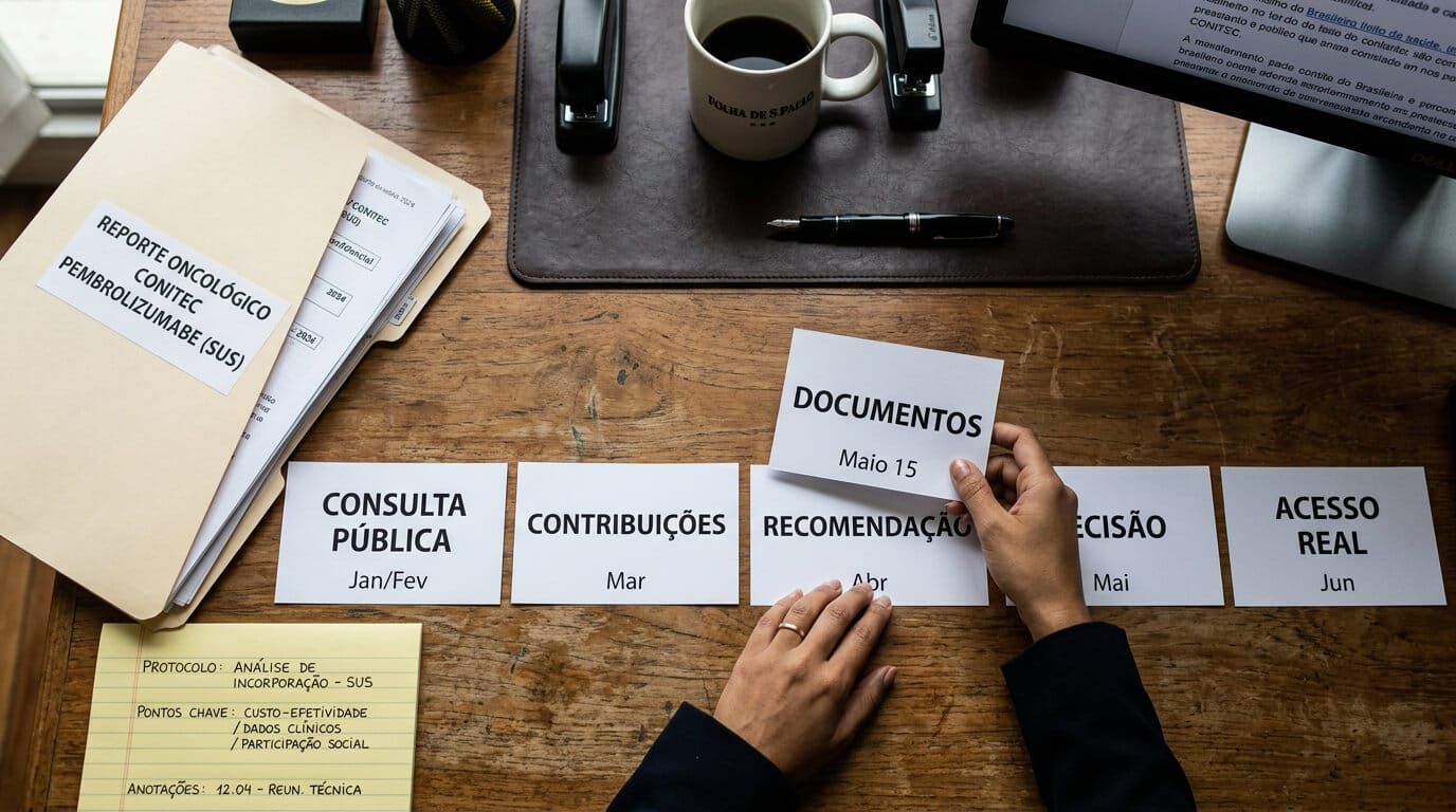 Familiar organiza laudo oncológico e documentos enquanto consulta página pública sobre pembrolizumabe.
