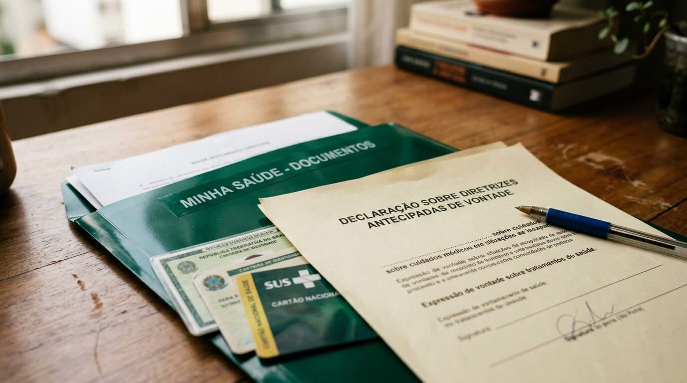 Documento de diretivas antecipadas de vontade sendo revisado em mesa.