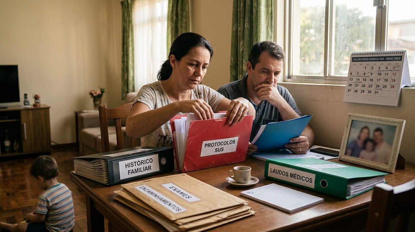 Família organiza laudos, exames, encaminhamentos e protocolos do SUS em mesa de casa.