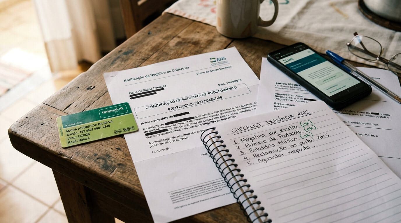 Carteirinha de plano, laudo médico, negativa e protocolo para abrir NIP na ANS.
