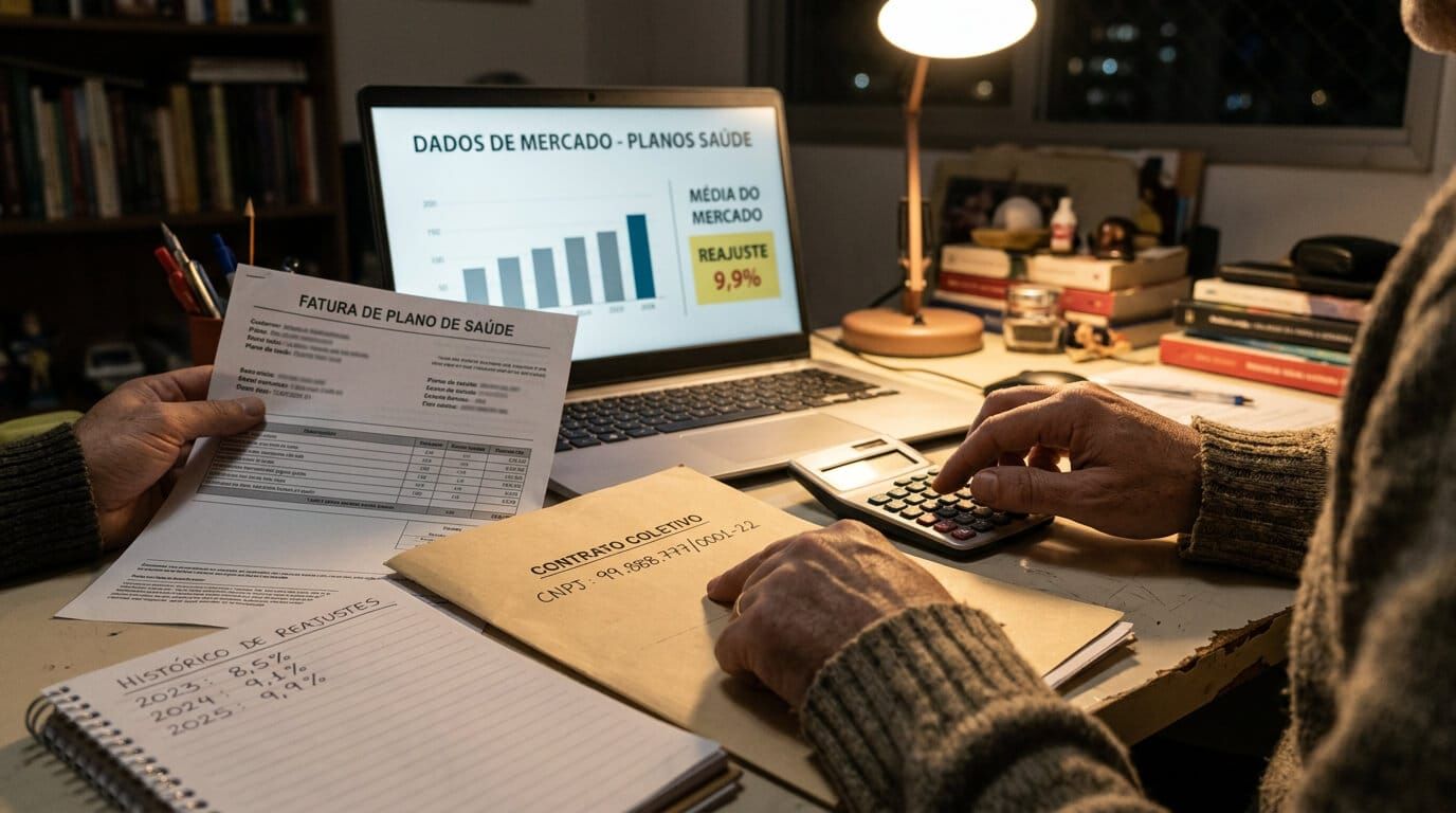 Pessoa organiza boleto, contrato coletivo e histórico de reajustes de plano de saúde em mesa de trabalho.
