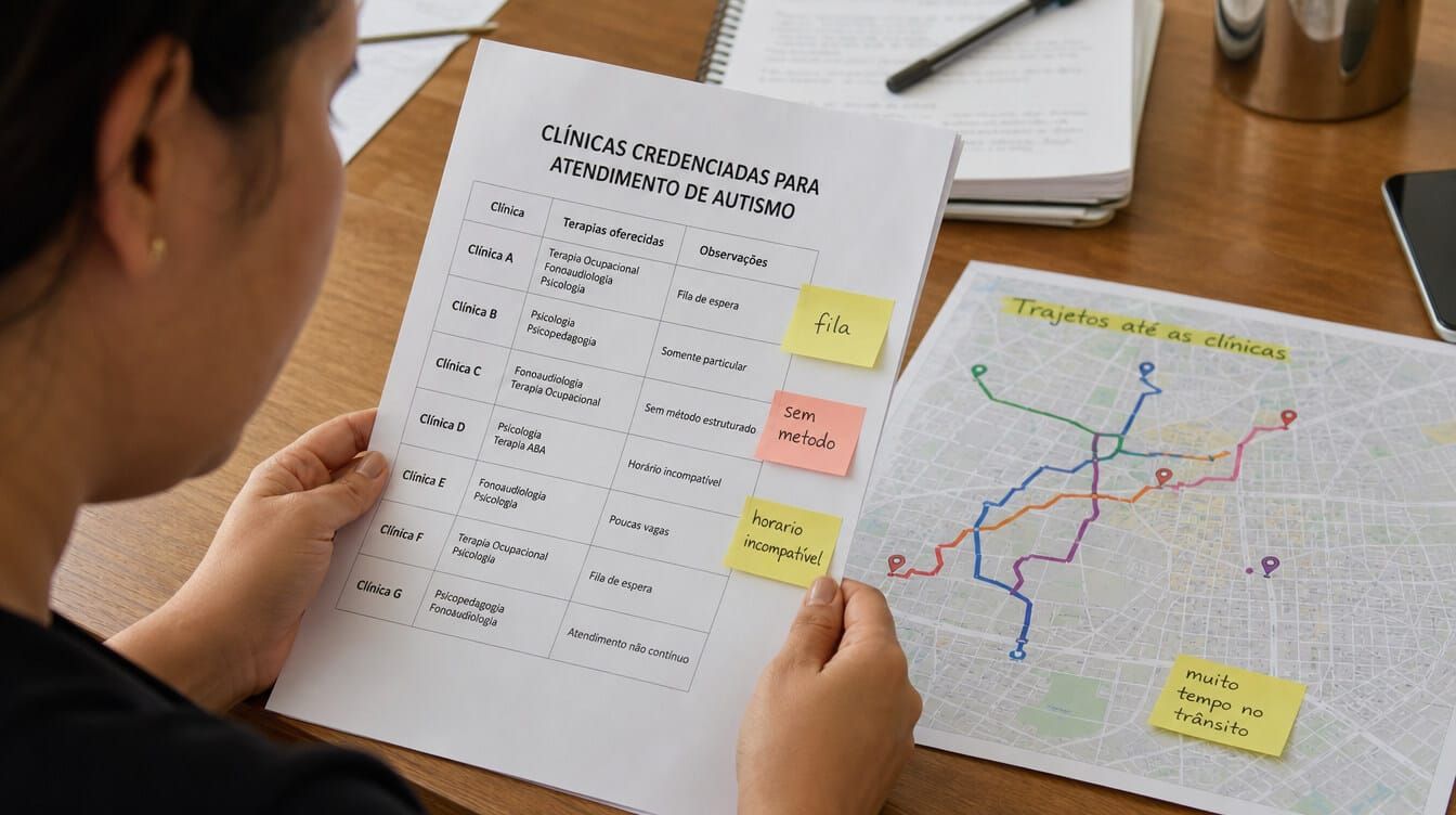 Mãe organiza autorização do plano, lista de clínicas e agenda de terapias para criança com autismo.