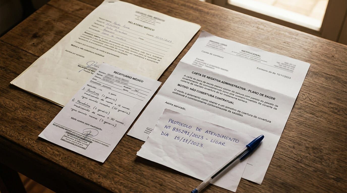 Receita médica, laudo e documentos de negativa de medicamento sobre mesa.