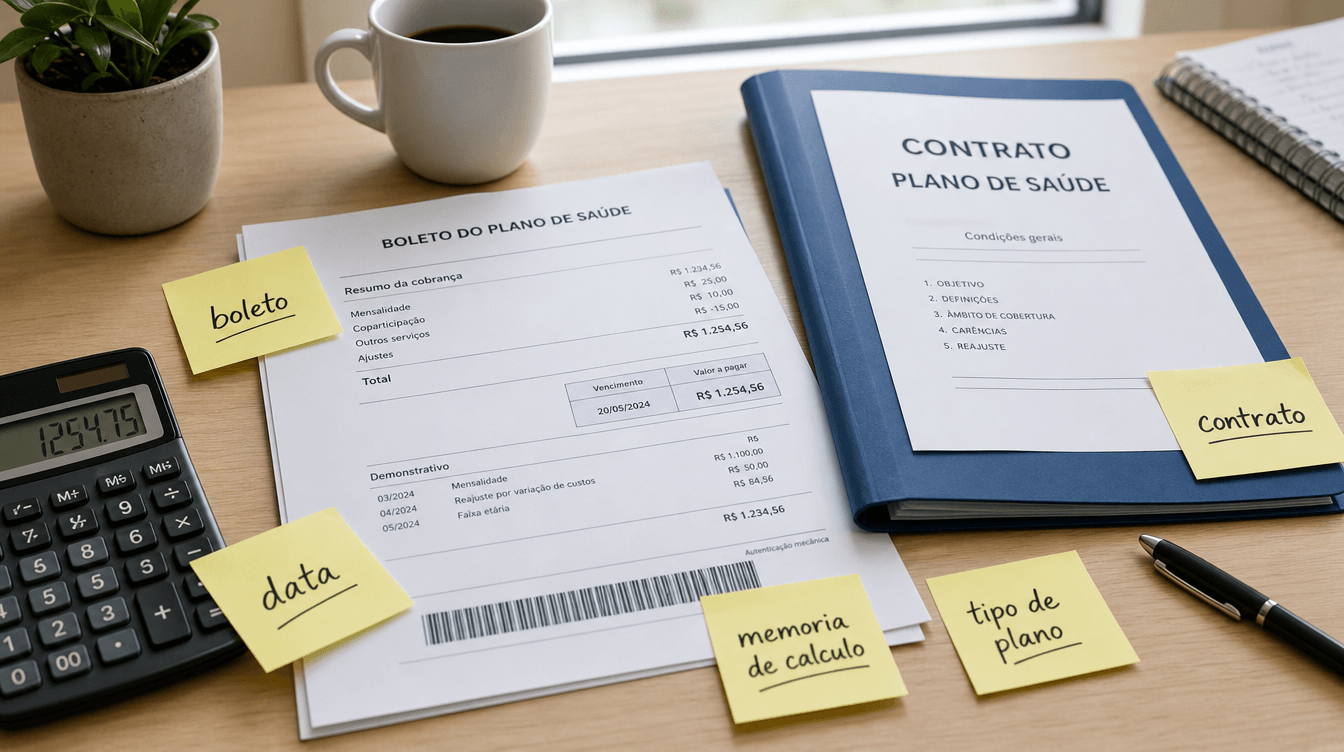 Boleto e contrato de plano de saúde sobre uma mesa, com anotações sobre percentual, data e memória de cálculo.