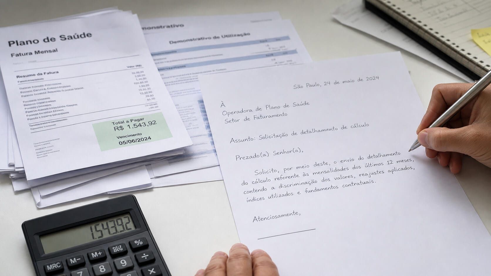 Documentos de plano de saúde coletivo organizados para pedir memória de cálculo.