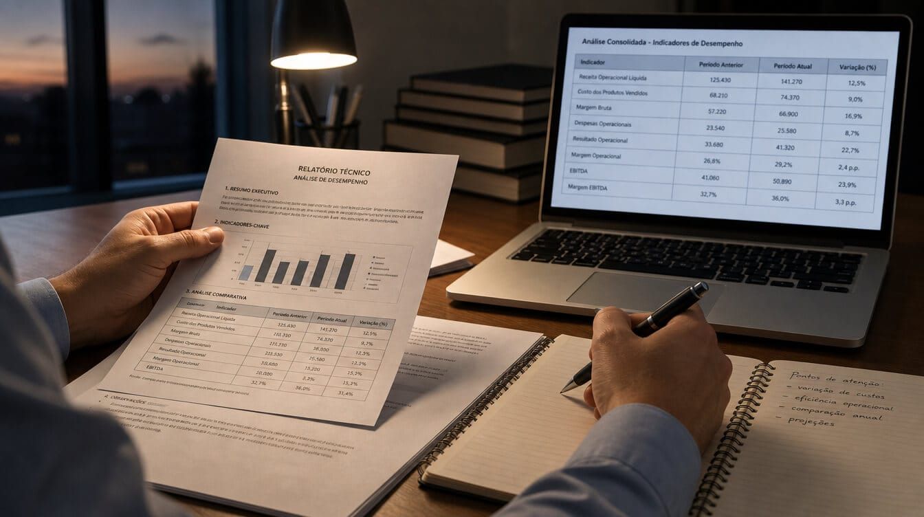 Mãos conferindo um relatório técnico impresso ao lado de um notebook com uma tabela de dados, sob luz de mesa, em ambiente de trabalho sóbrio.