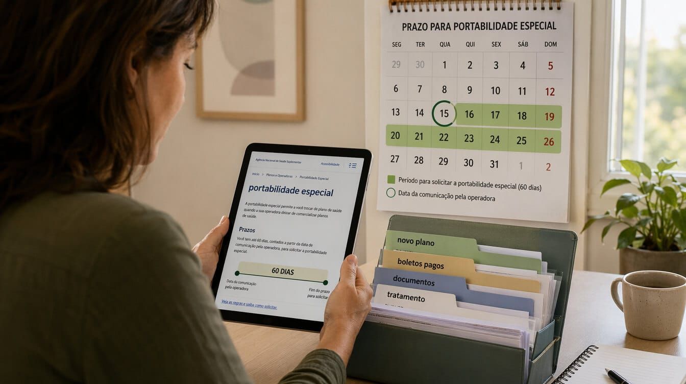 Pessoa conferindo portabilidade especial em tablet com calendário e pasta de documentos de plano de saúde.