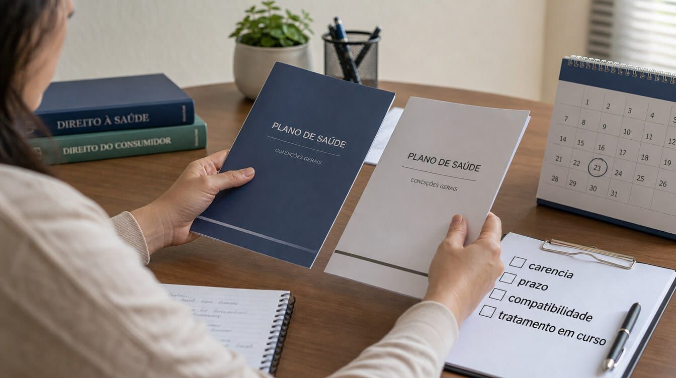 Pessoa analisando duas pastas de plano de saúde com checklist de carência, prazo e tratamento em curso.