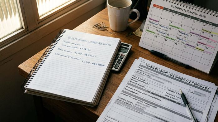 Boleto de plano de saúde, agenda de terapias e calculadora sobre mesa.