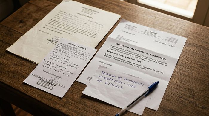 Receita médica, laudo e documentos de negativa de medicamento sobre mesa.