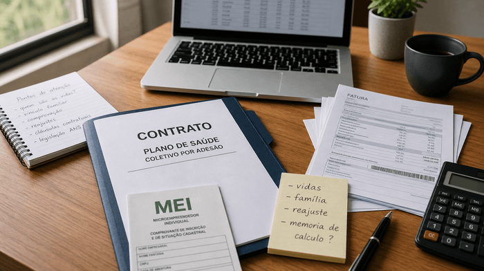 Contrato de plano de saúde MEI, boletos e anotações sobre reajuste e número de vidas em uma mesa.