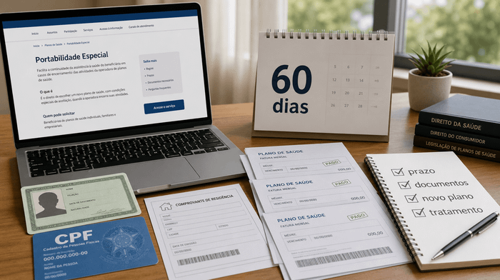 Documentos de portabilidade especial, boletos pagos e calendário de 60 dias sobre uma mesa.