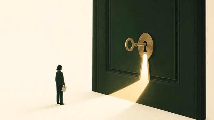 Ilustração editorial de uma porta verde-escura fechada com uma fechadura grande e uma chave dourada já inserida, luz vazando pela fechadura