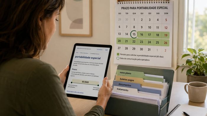 Pessoa conferindo portabilidade especial em tablet com calendário e pasta de documentos de plano de saúde.