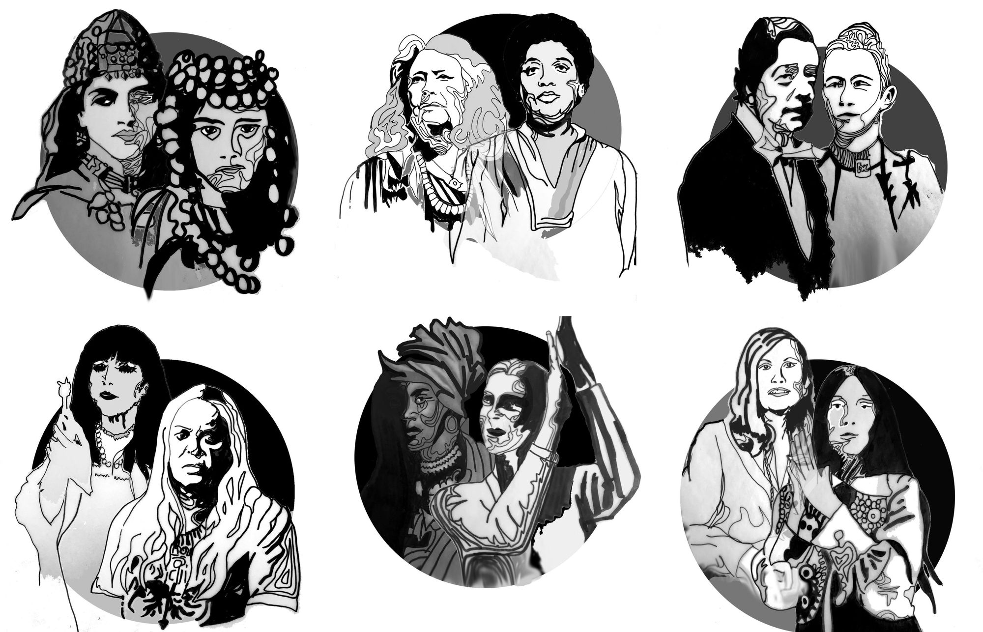 6 black ink illustrations. each illustration shows 2 people drawn in line art exceeding the edges of a black circle which partially frames each pair. They are women or androgenous lookiing, they are serious in theiir expression, more than half look directly back at the viewer.