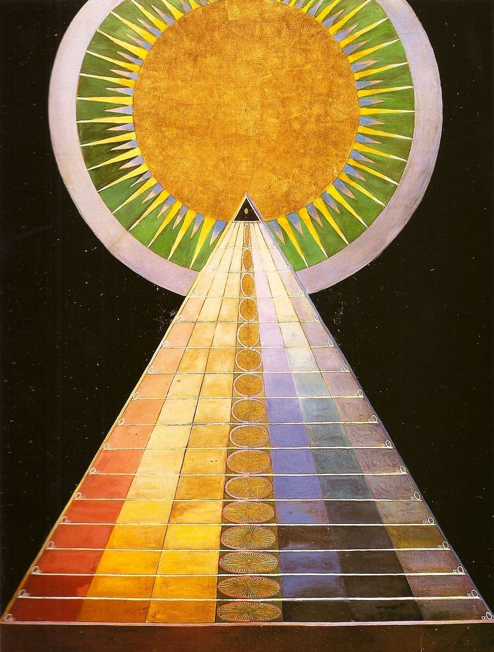A pyramid filled with a grid where each segment is painted a different colour in a rainbow spectrum.