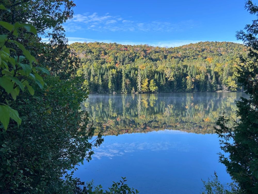 A mountain of trees just beginning to change, reflected in a blue lake. 