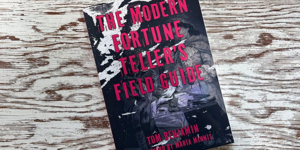 Tom's book: The Modern Fortune Teller's Field Guide on a piece of wood stained white and sanded so the woodgrain shows through