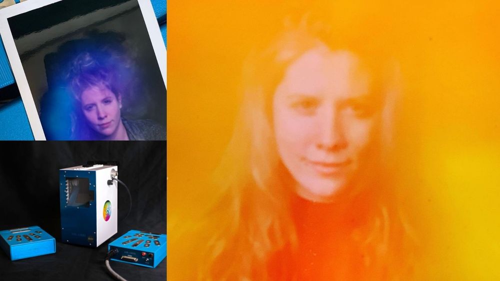 A collage of 3 images, two of Charlie taken with the AuraCam - a blond woman glowing orange and blue, and one image of the au