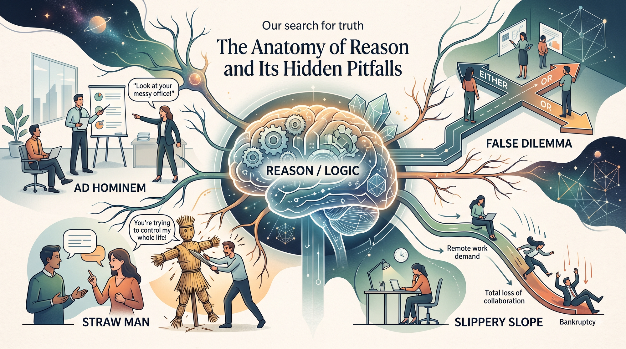A picture outlining the brain and 4 logical fallacies