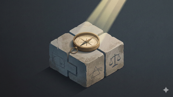 Isometric illustration of a brass compass on stone blocks representing math, physics, and ethics to symbolize absolute truth.
