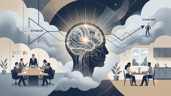 Editorial illustration showing a glowing brain bridging a corporate office meeting and a home relationship scene, representing logical fallacies in daily life.