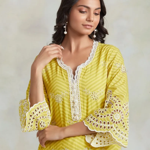 Ananya Pandey in The Loom's Yellow Embroidered Kurta with Palazzo