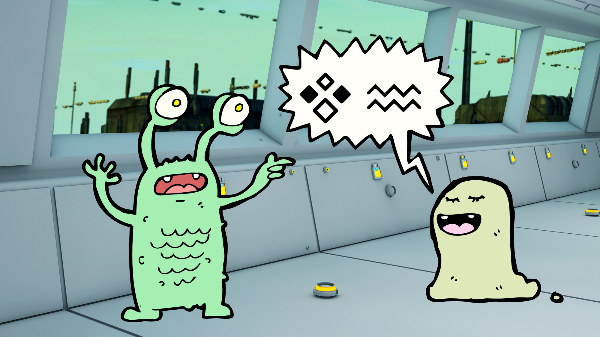 two aliens talking to each other on the bridge of a spaceship.