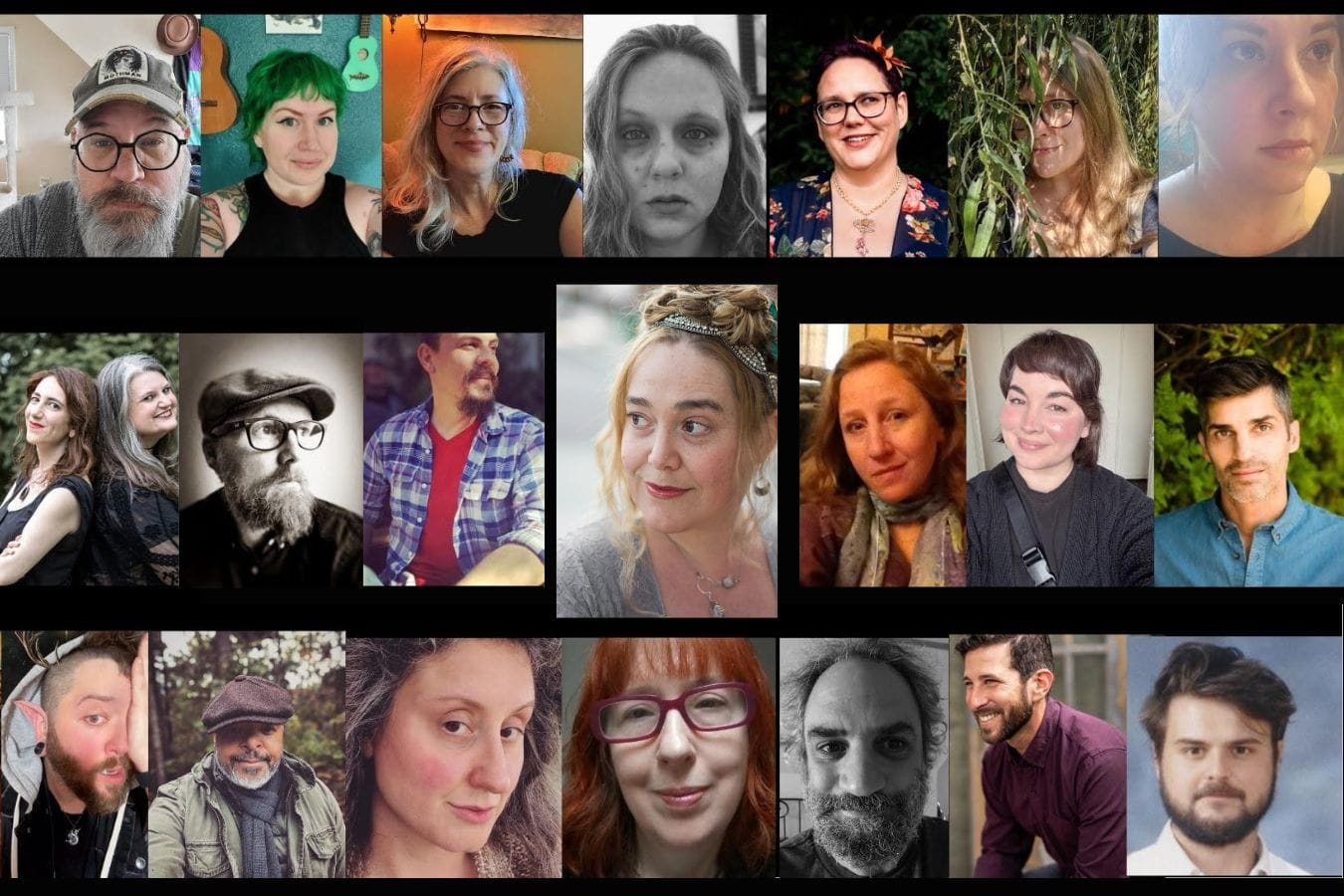 Three rows of headshots showing 21 different poets.